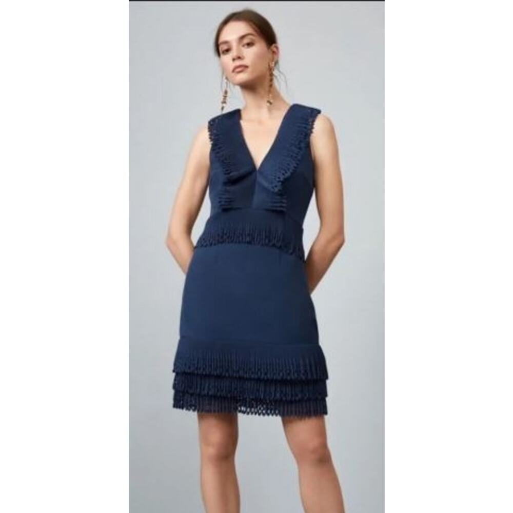 Keepsake XL Moonlighters Fringe Sheath Mini Dress Navy Ruffled Laser Cut V Neck